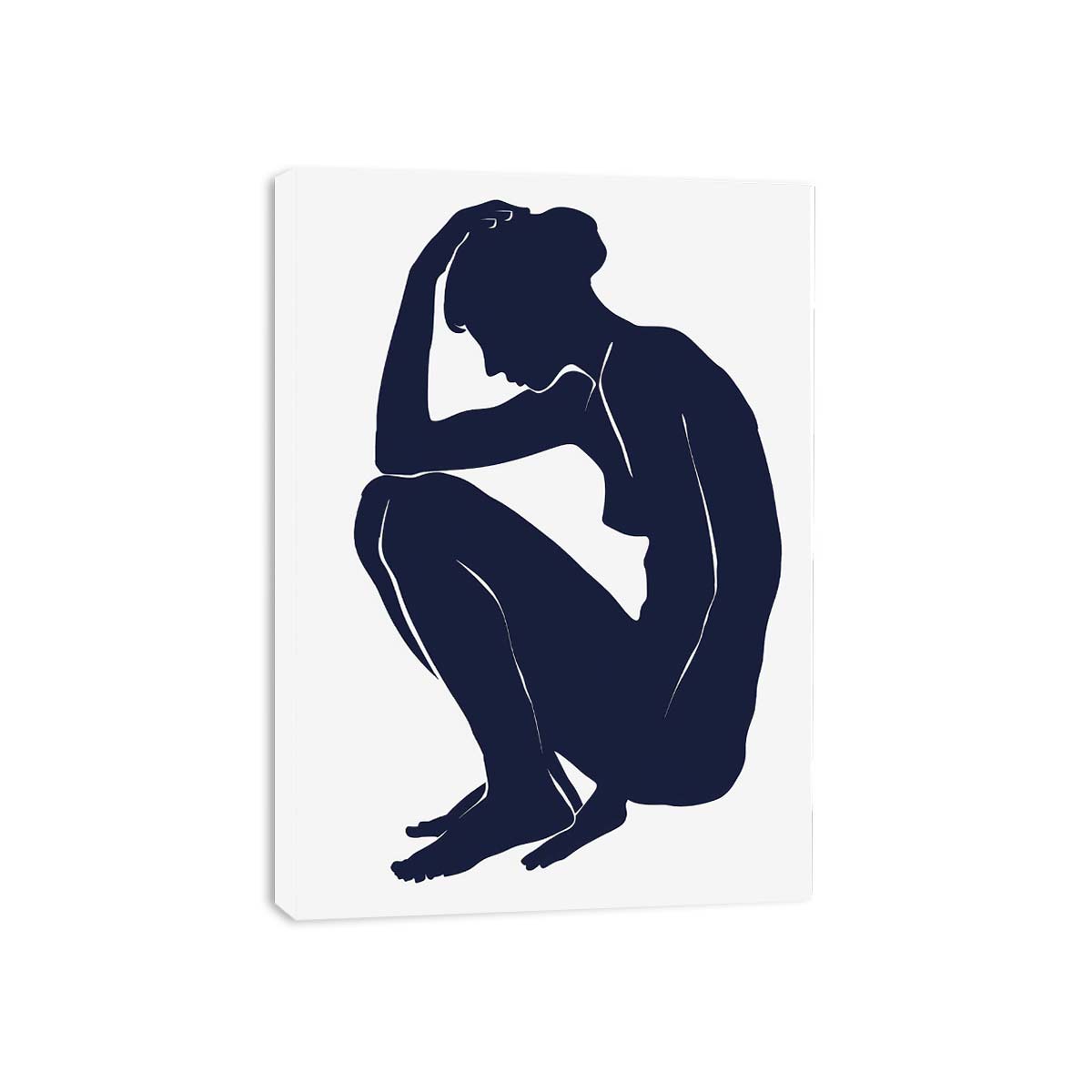 Minimalist navy woman silhouette canvas art for calm bedroom or bathroom decor.