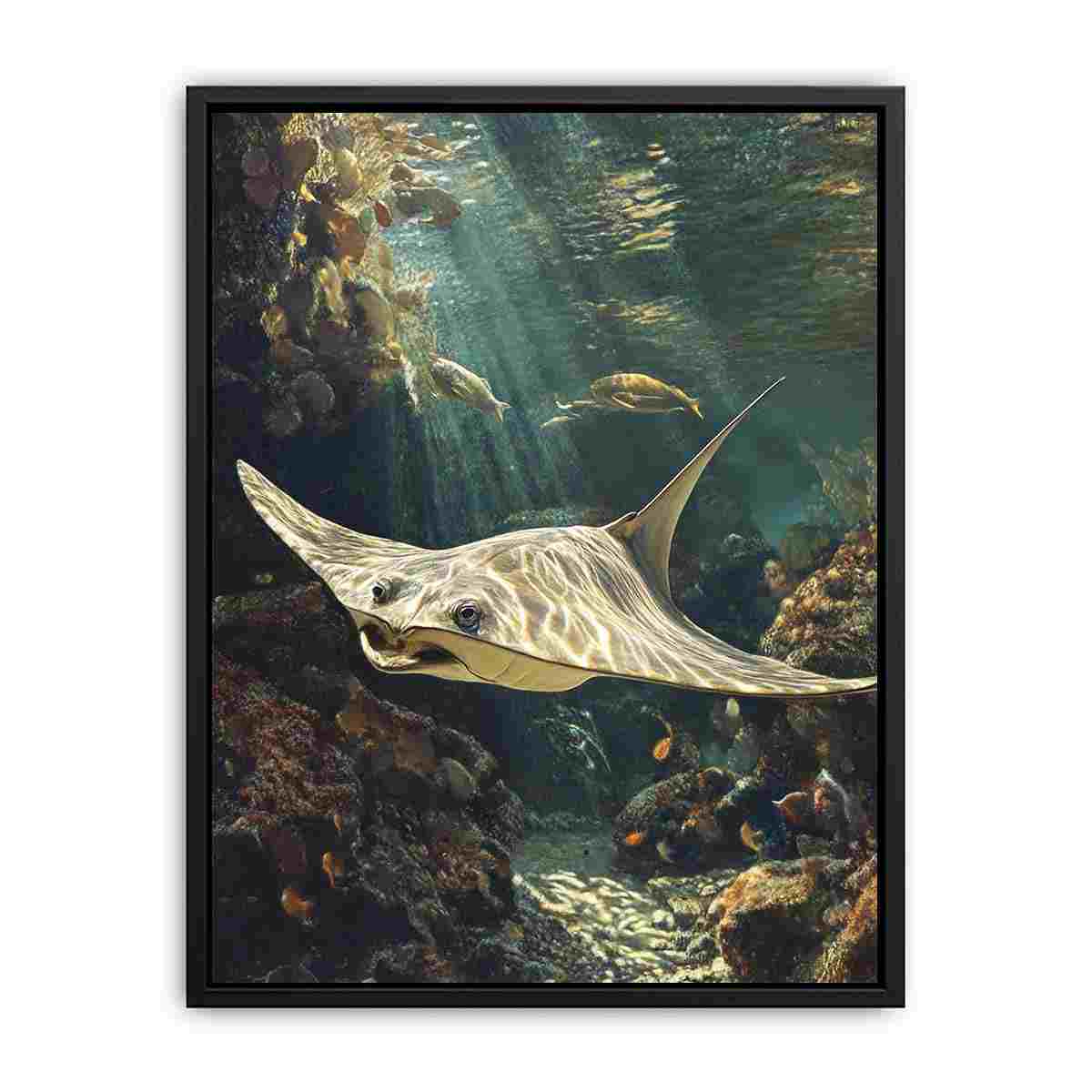 Underwater stingray canvas art with coral reef and fish for coastal living room decor.