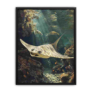 Underwater stingray canvas art with coral reef and fish for coastal living room decor.