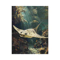 Underwater stingray canvas art with coral reef and fish for coastal living room decor.