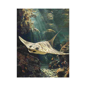 Underwater stingray canvas art with coral reef and fish for coastal living room decor.
