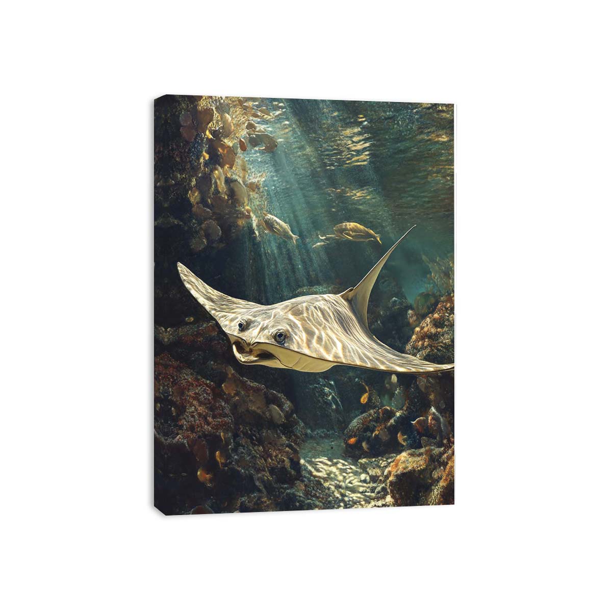 Underwater stingray canvas art with coral reef and fish for coastal living room decor.