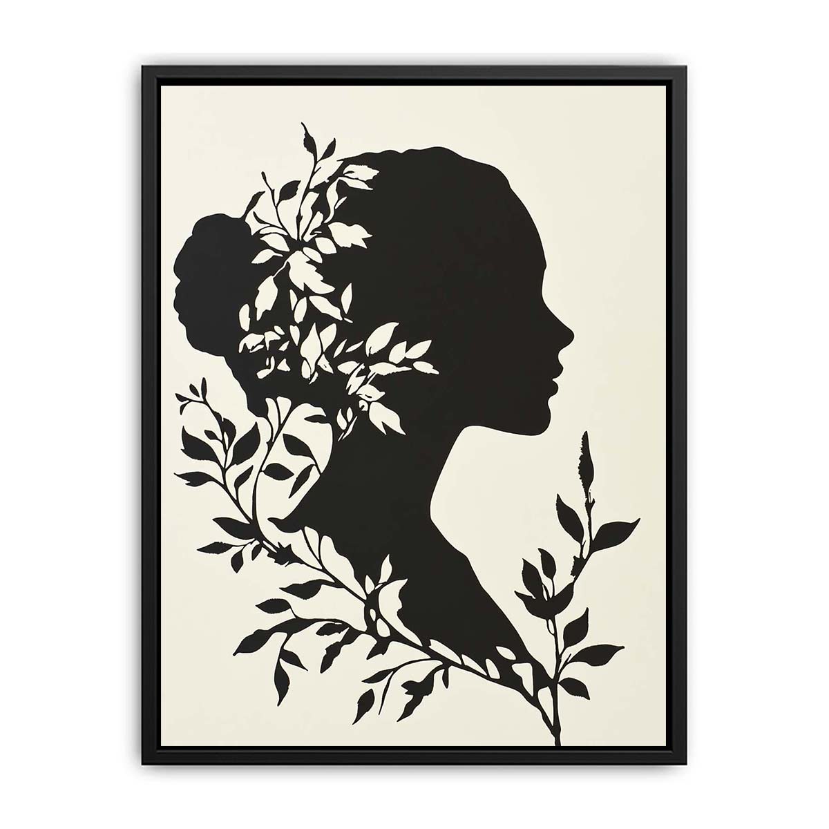 Black botanical woman silhouette canvas art for elegant bedroom or hallway decor.