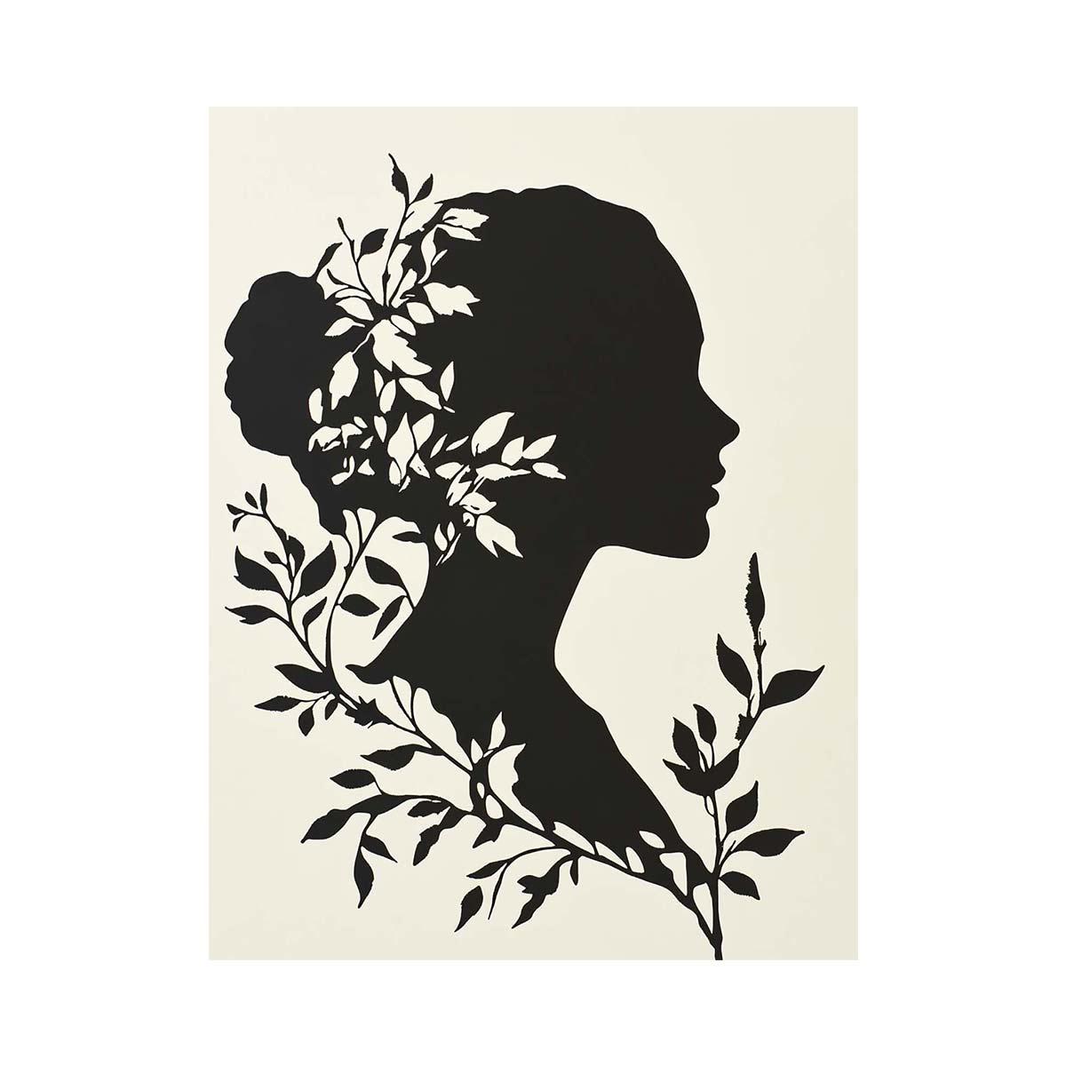 Black botanical woman silhouette canvas art for elegant bedroom or hallway decor.
