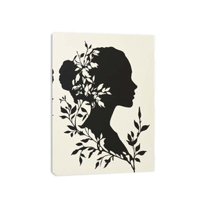 Black botanical woman silhouette canvas art for elegant bedroom or hallway decor.