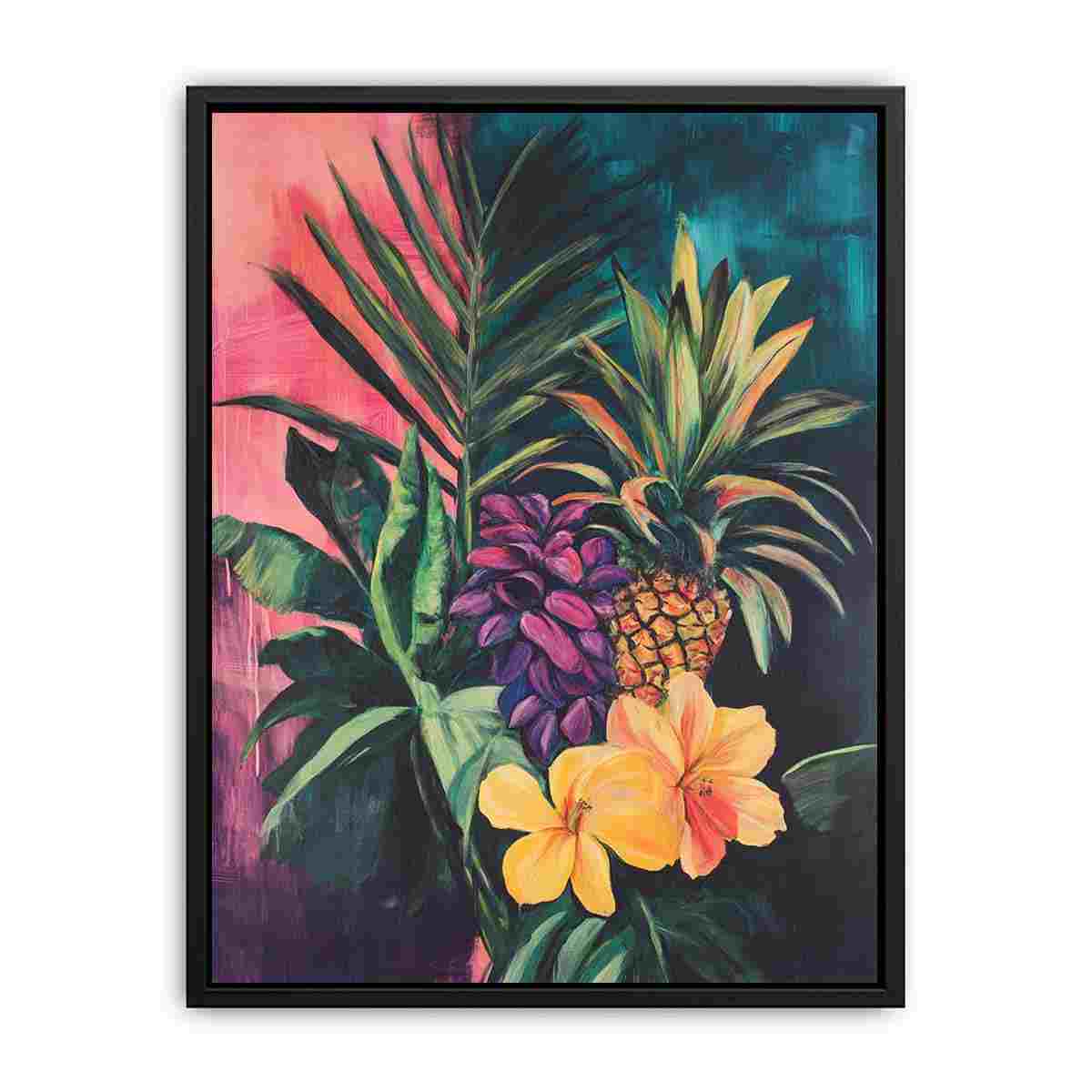 Tropical pineapple and floral canvas art for colorful dining room or kitchen decor.
