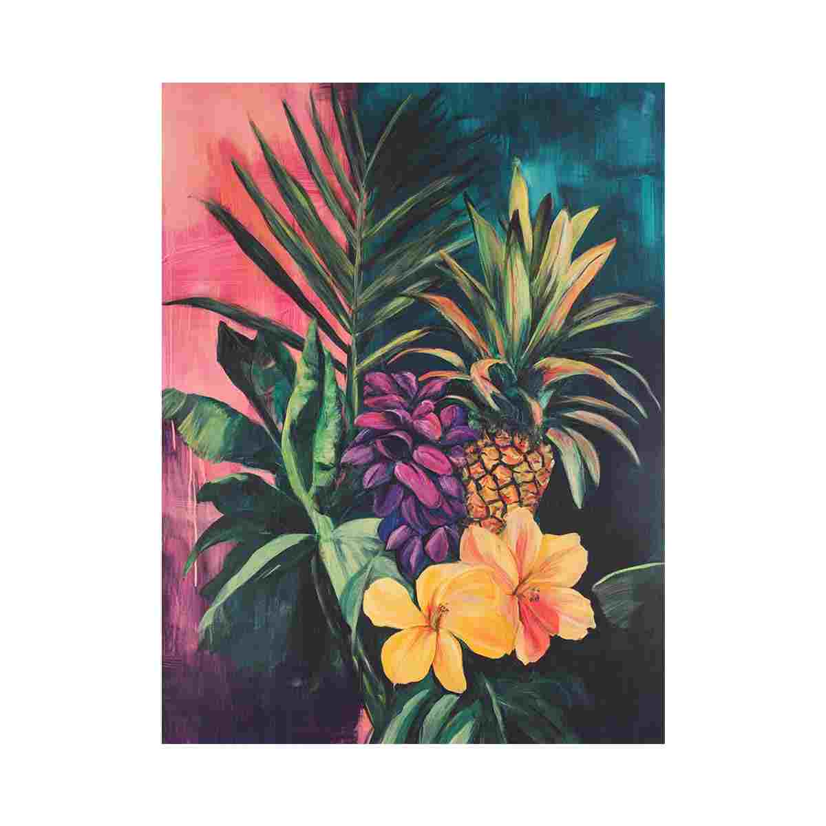 Tropical pineapple and floral canvas art for colorful dining room or kitchen decor.