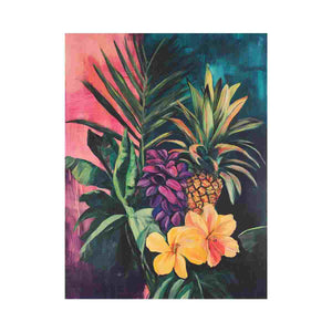 Tropical pineapple and floral canvas art for colorful dining room or kitchen decor.