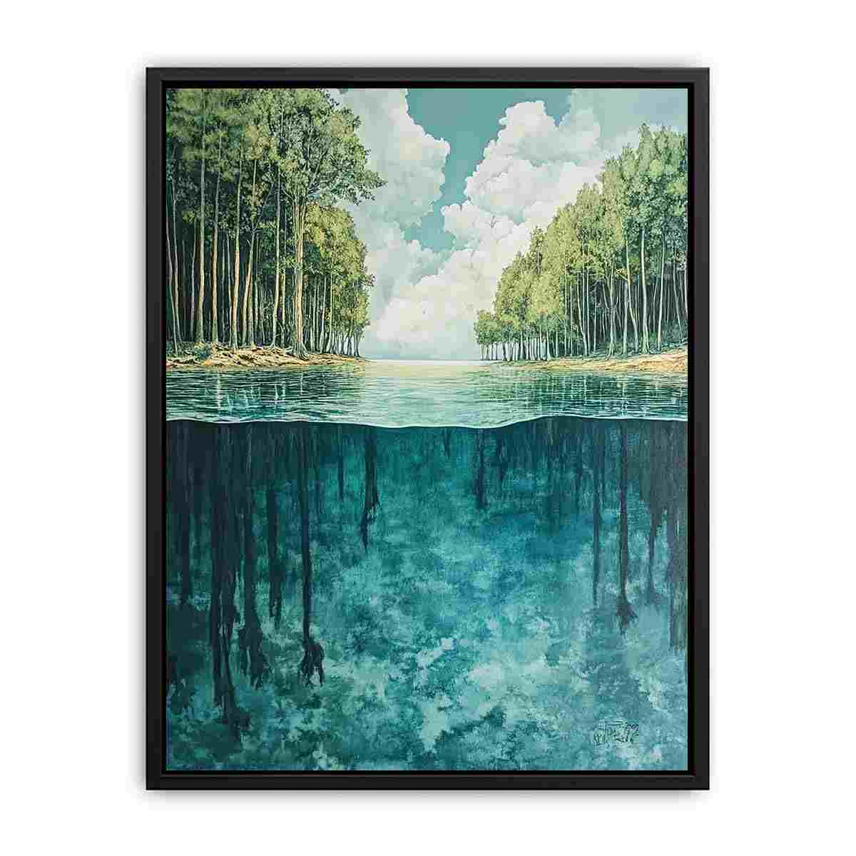 Peaceful lake and forest reflection canvas art for modern living room decor.