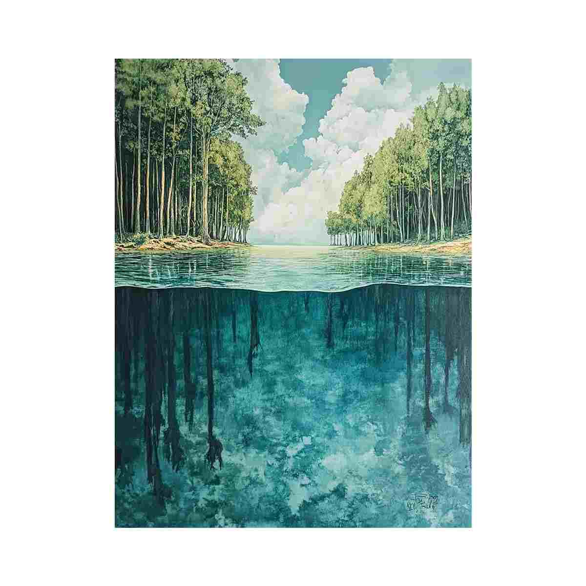 Peaceful lake and forest reflection canvas art for modern living room decor.