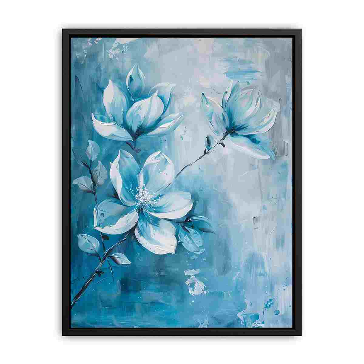Soft blue magnolia floral canvas art for elegant bedroom or bathroom decor.