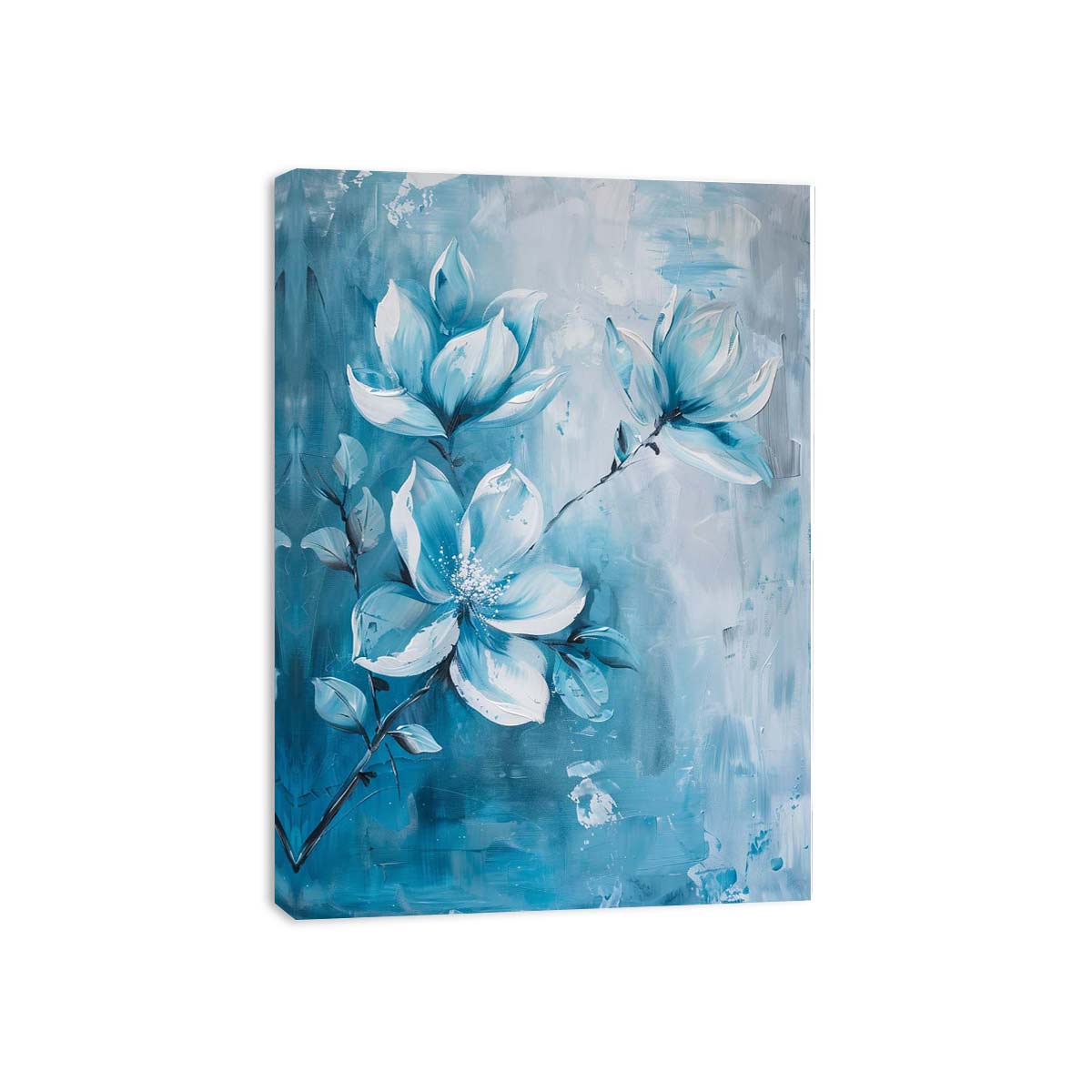 Soft blue magnolia floral canvas art for elegant bedroom or bathroom decor.