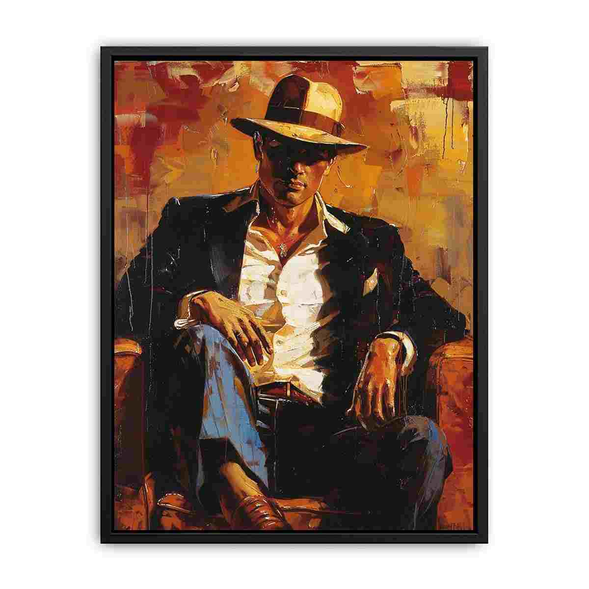 Bold seated man portrait canvas art in amber tones for office or lounge decor.