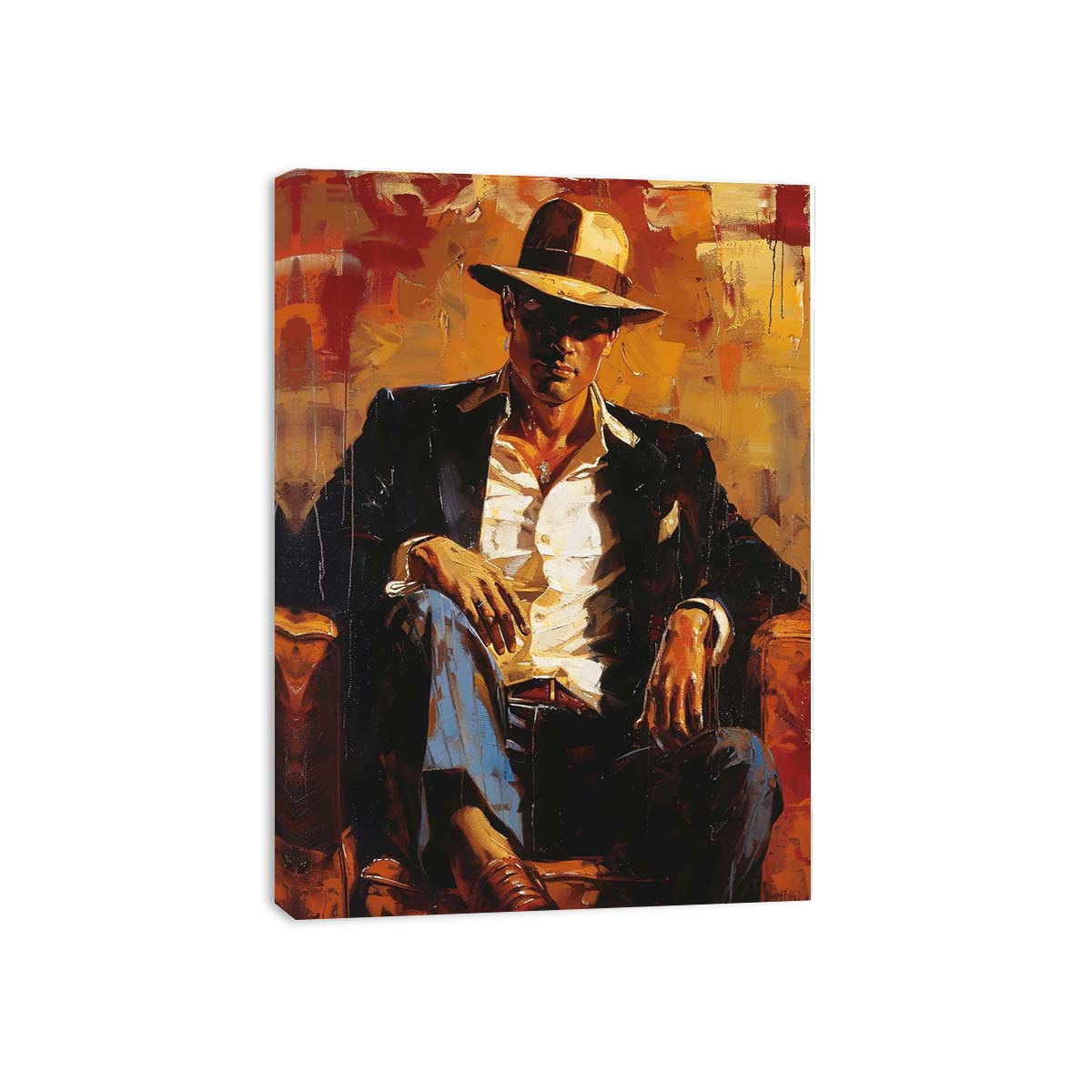 Bold seated man portrait canvas art in amber tones for office or lounge decor.