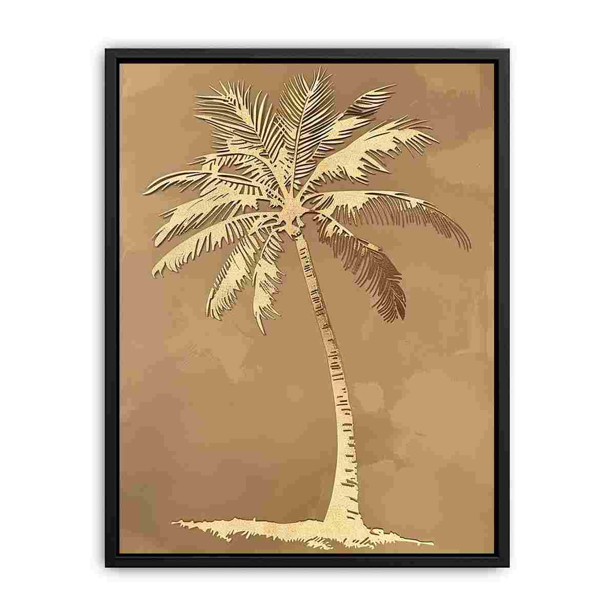 Gold palm tree canvas art on taupe background for coastal bedroom or hallway decor.