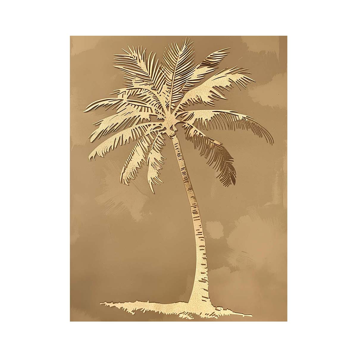Gold palm tree canvas art on taupe background for coastal bedroom or hallway decor.