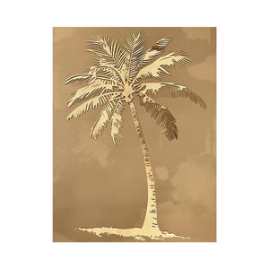 Gold palm tree canvas art on taupe background for coastal bedroom or hallway decor.