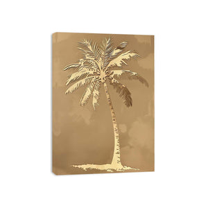 Gold palm tree canvas art on taupe background for coastal bedroom or hallway decor.