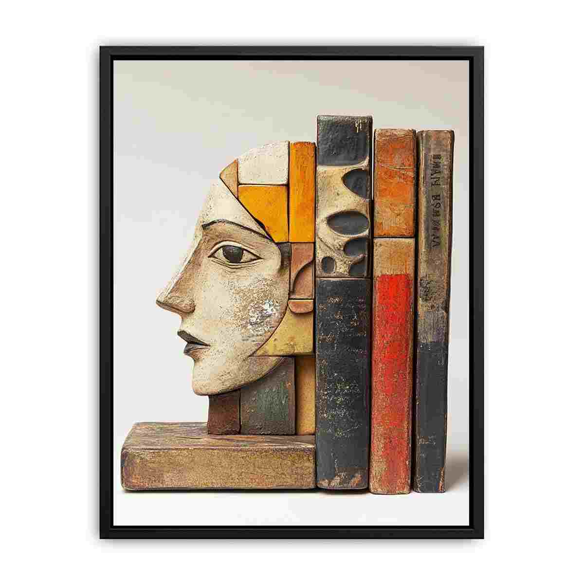 Vintage sculptural face and books canvas art for cultured office or reading nook decor.