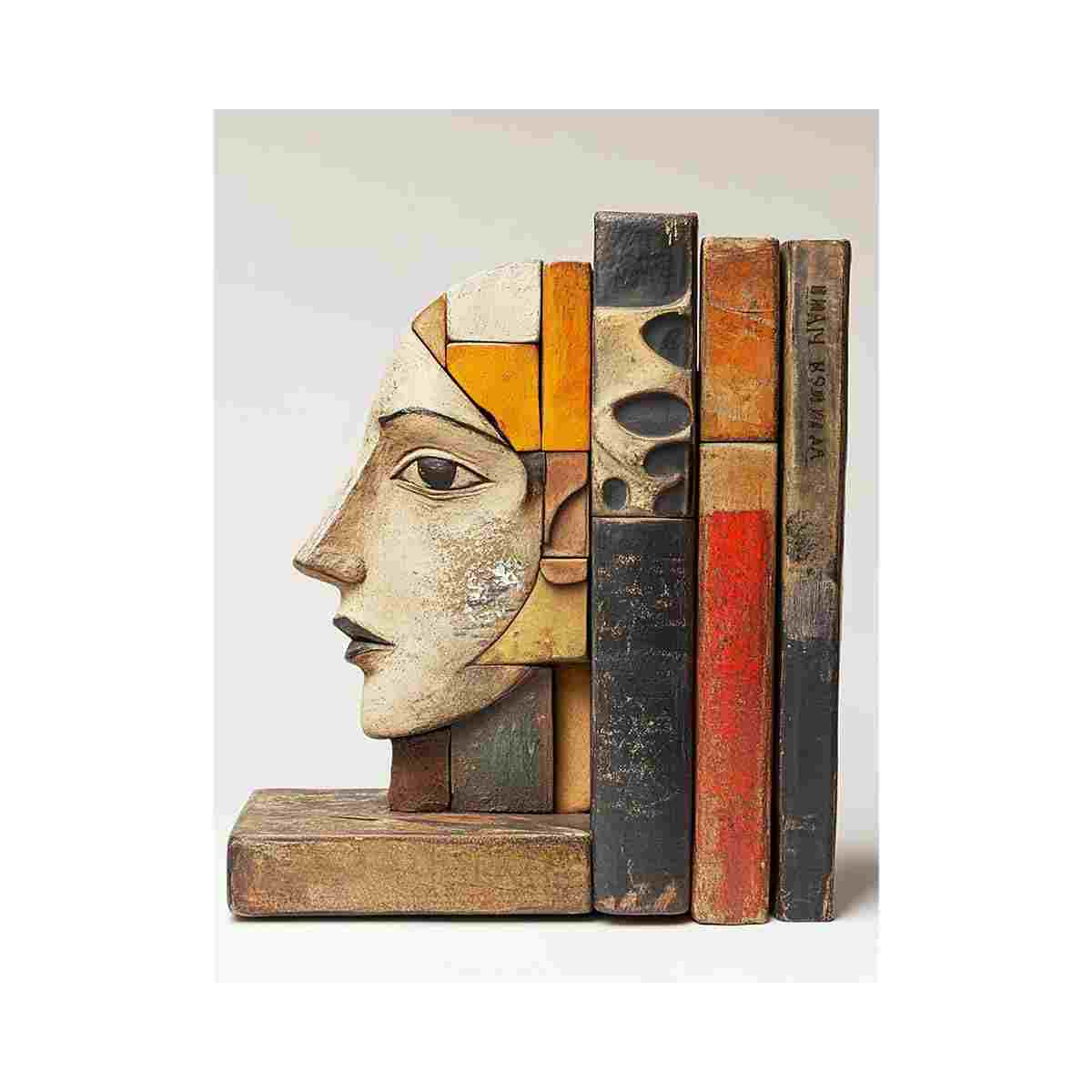 Vintage sculptural face and books canvas art for cultured office or reading nook decor.