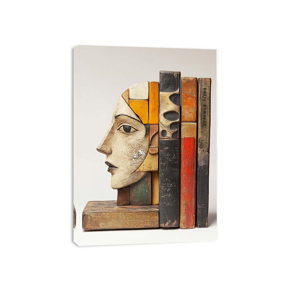 Vintage sculptural face and books canvas art for cultured office or reading nook decor.