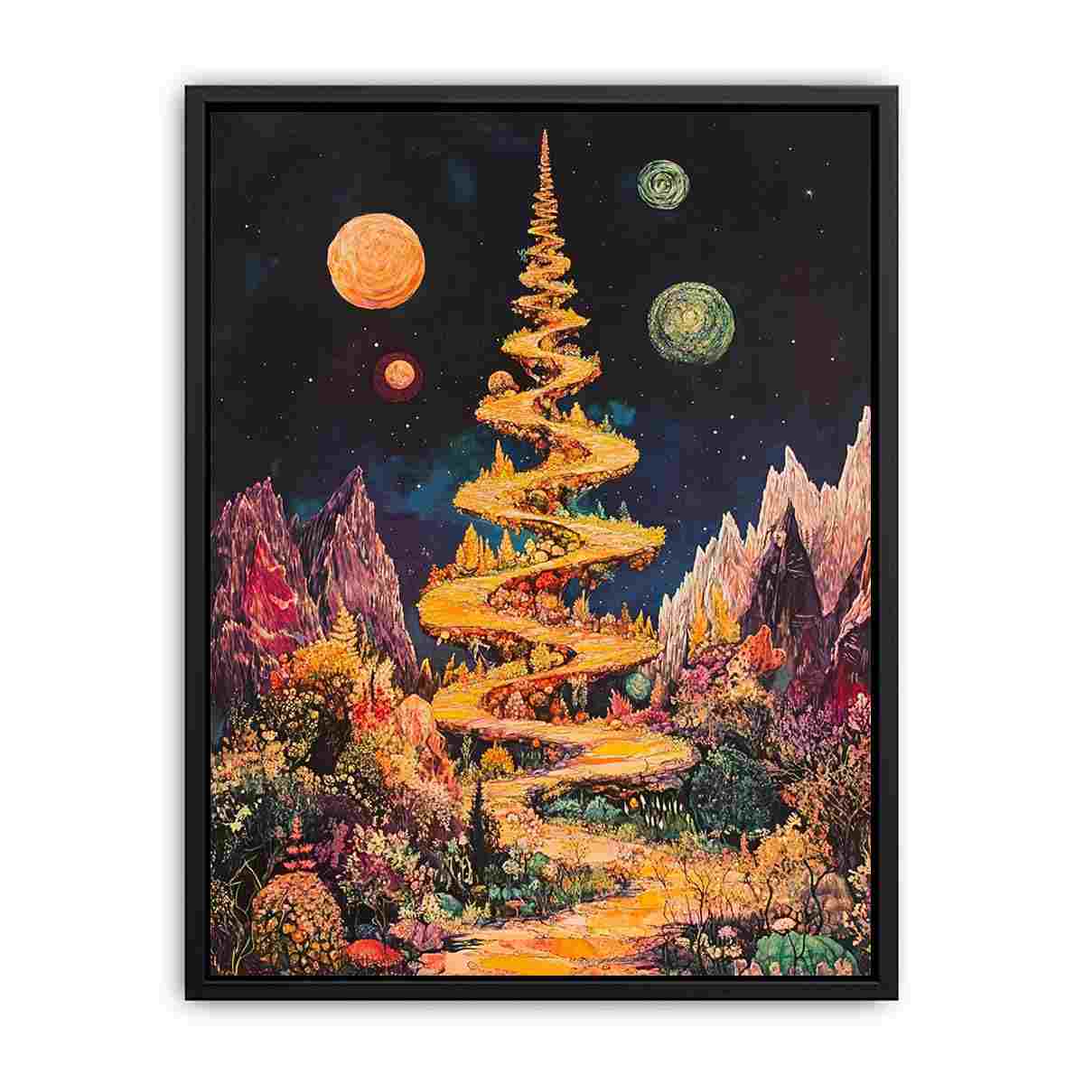Surreal golden spiral path canvas art for dreamy bedroom or office decor.