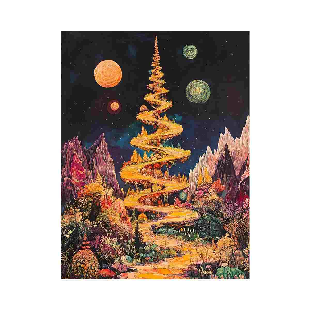 Surreal golden spiral path canvas art for dreamy bedroom or office decor.