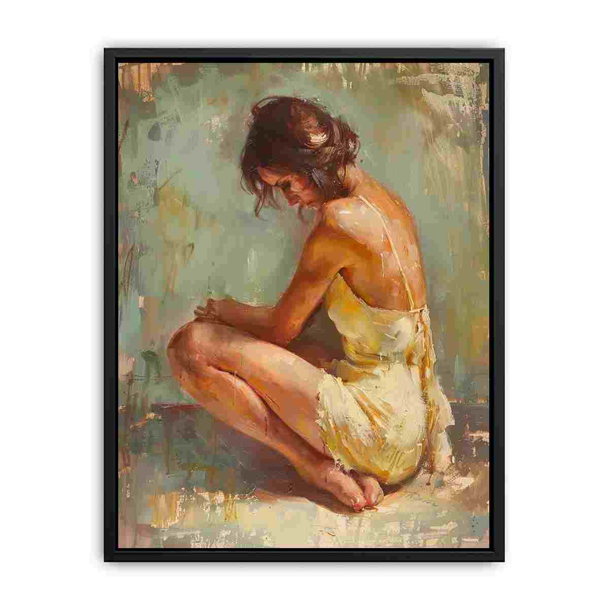 Warm seated woman canvas art for elegant bedroom decor.