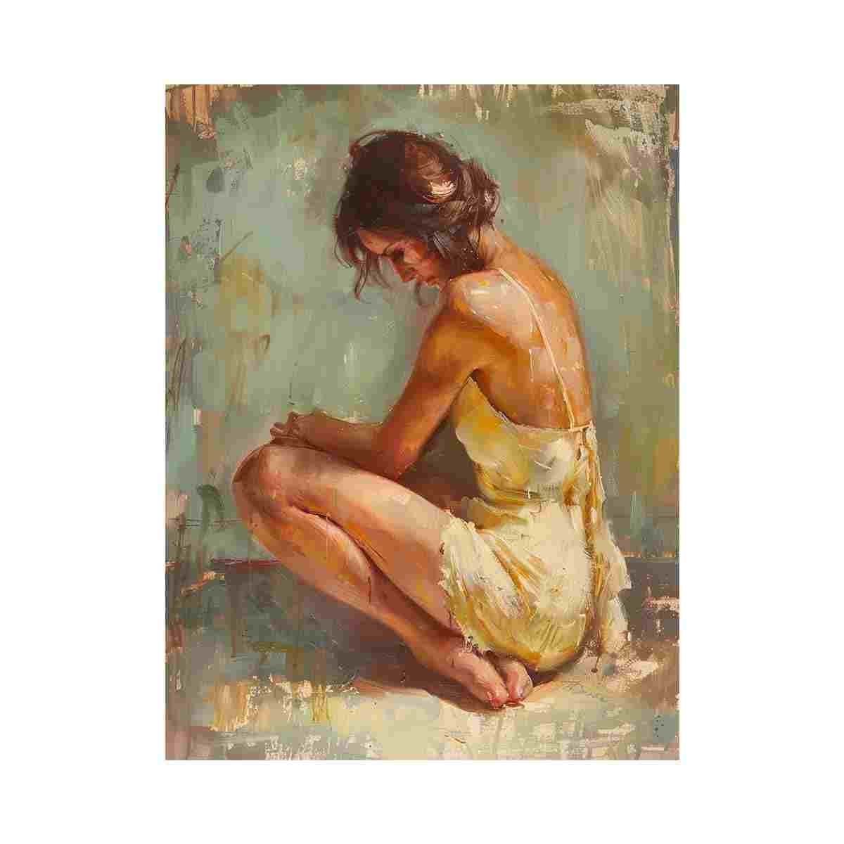 Warm seated woman canvas art for elegant bedroom decor.