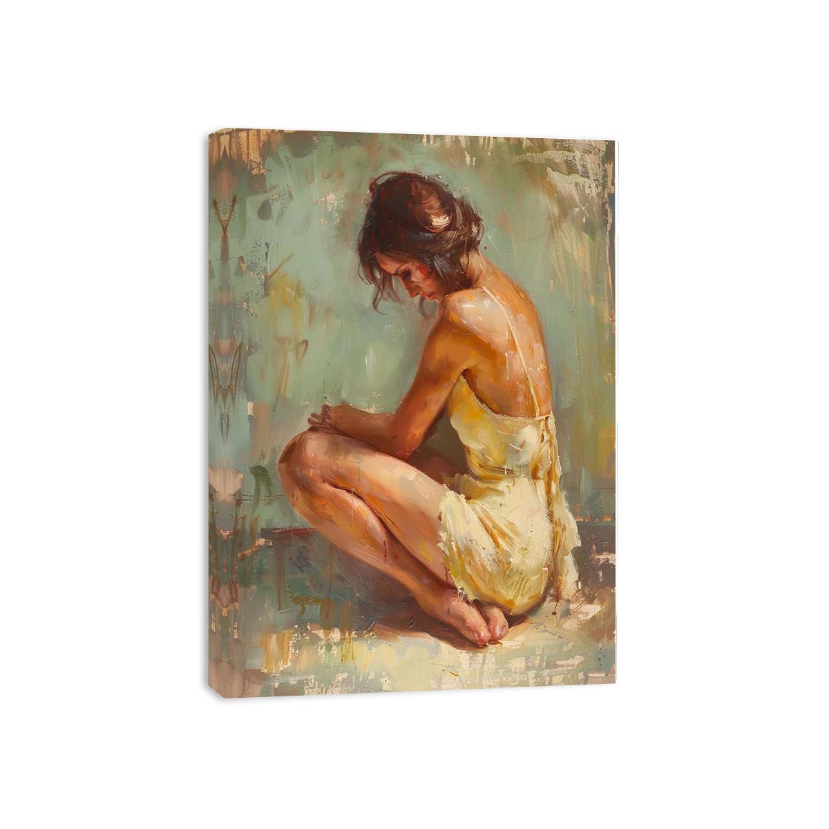 Warm seated woman canvas art for elegant bedroom decor.