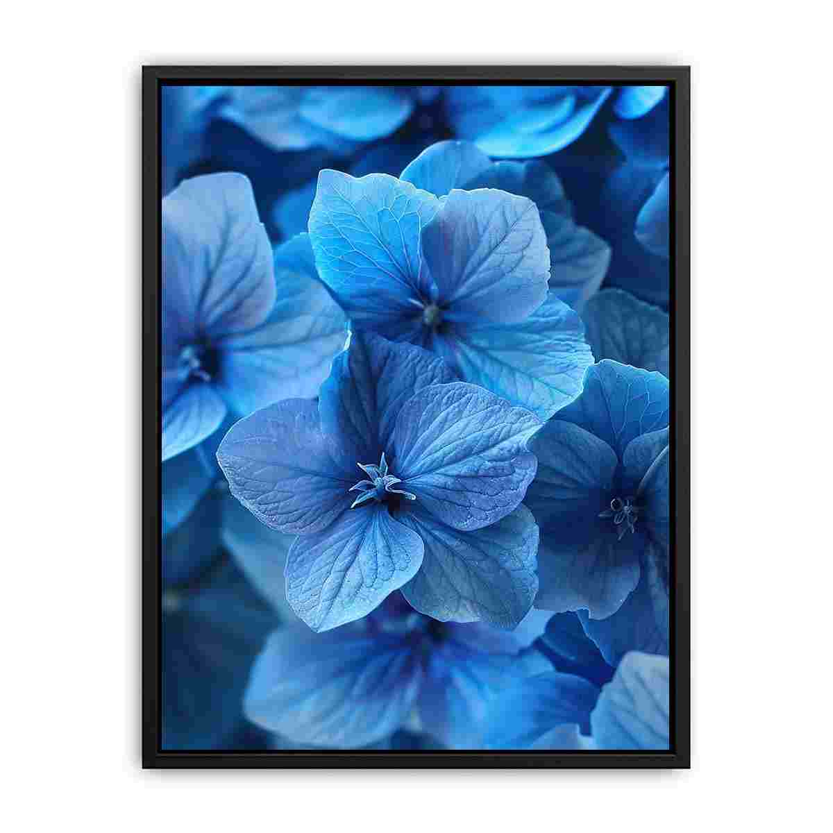 Blue hydrangea floral wall art for calming bathroom decor.