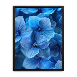 Blue hydrangea floral wall art for calming bathroom decor.