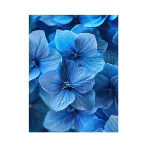 Blue hydrangea floral wall art for calming bathroom decor.