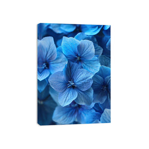 Blue hydrangea floral wall art for calming bathroom decor.