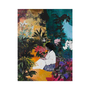 Lush tropical garden canvas art for colorful living room decor.