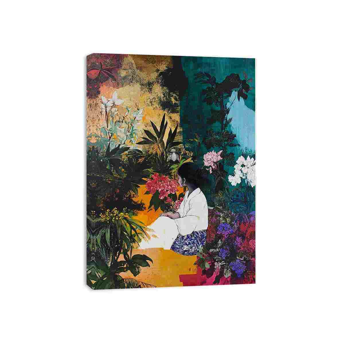Lush tropical garden canvas art for colorful living room decor.