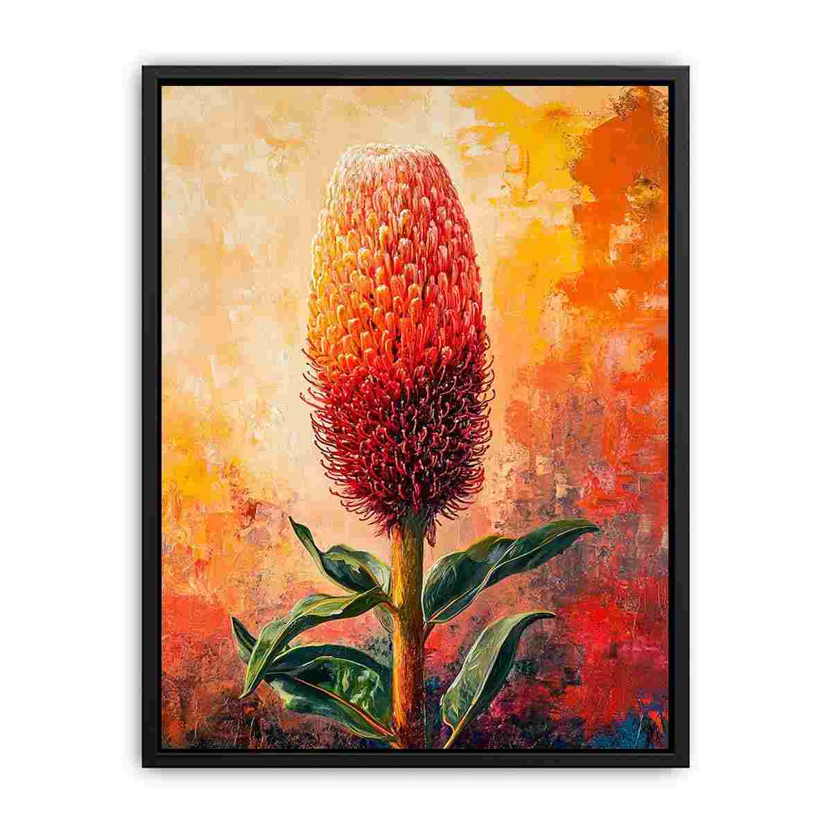 Bold banksia flower canvas art for warm living room decor.