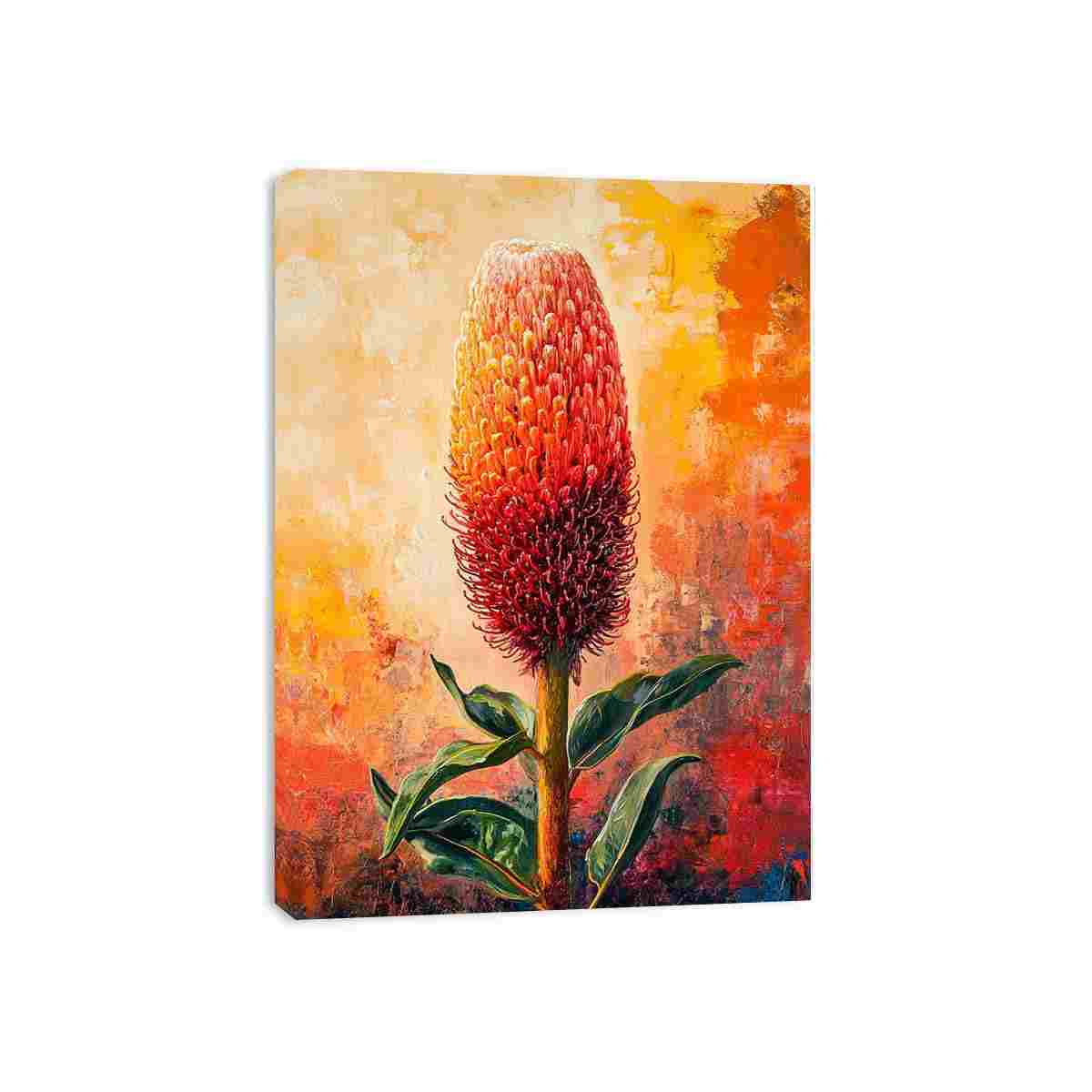 Bold banksia flower canvas art for warm living room decor.