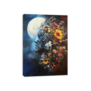 Moonlit floral portrait canvas art for dramatic bedroom decor.