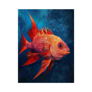 Red tropical fish canvas art for coastal bathroom decor.