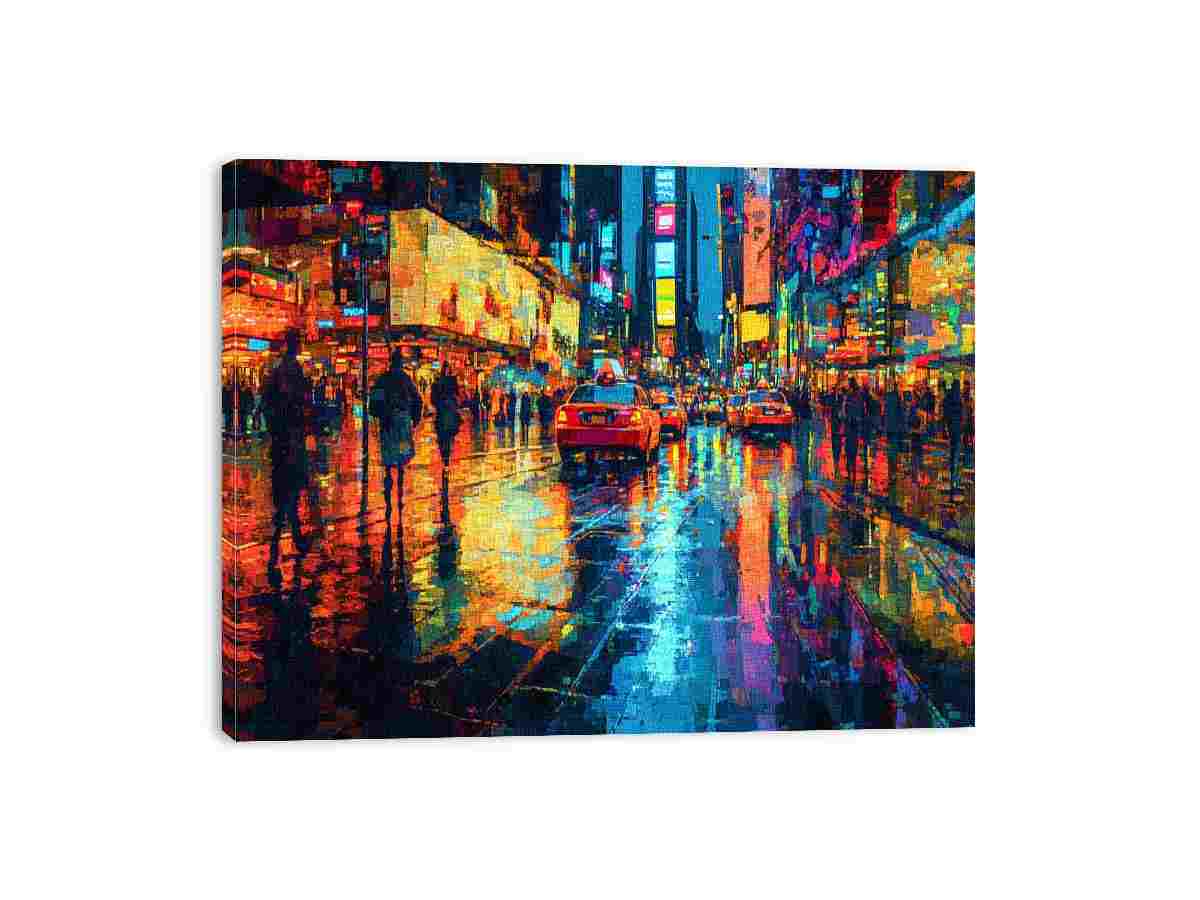 Vibrant neon city taxi canvas art for modern living room decor.