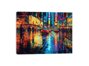 Vibrant neon city taxi canvas art for modern living room decor.