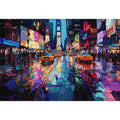 Neon taxi cityscape canvas art with wet street reflections for modern decor.