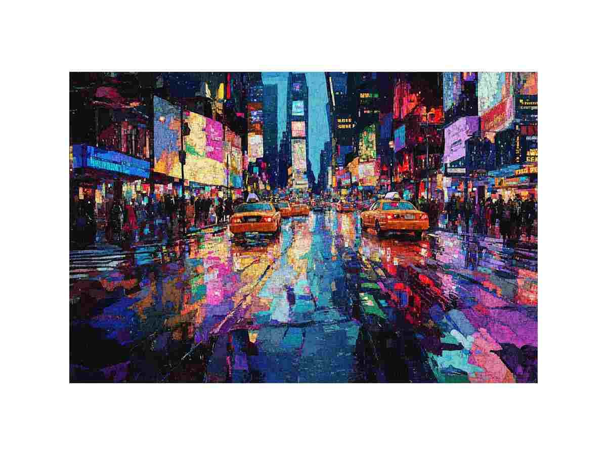 Neon taxi cityscape canvas art with wet street reflections for modern decor.