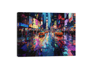 Neon taxi cityscape canvas art with wet street reflections for modern decor.