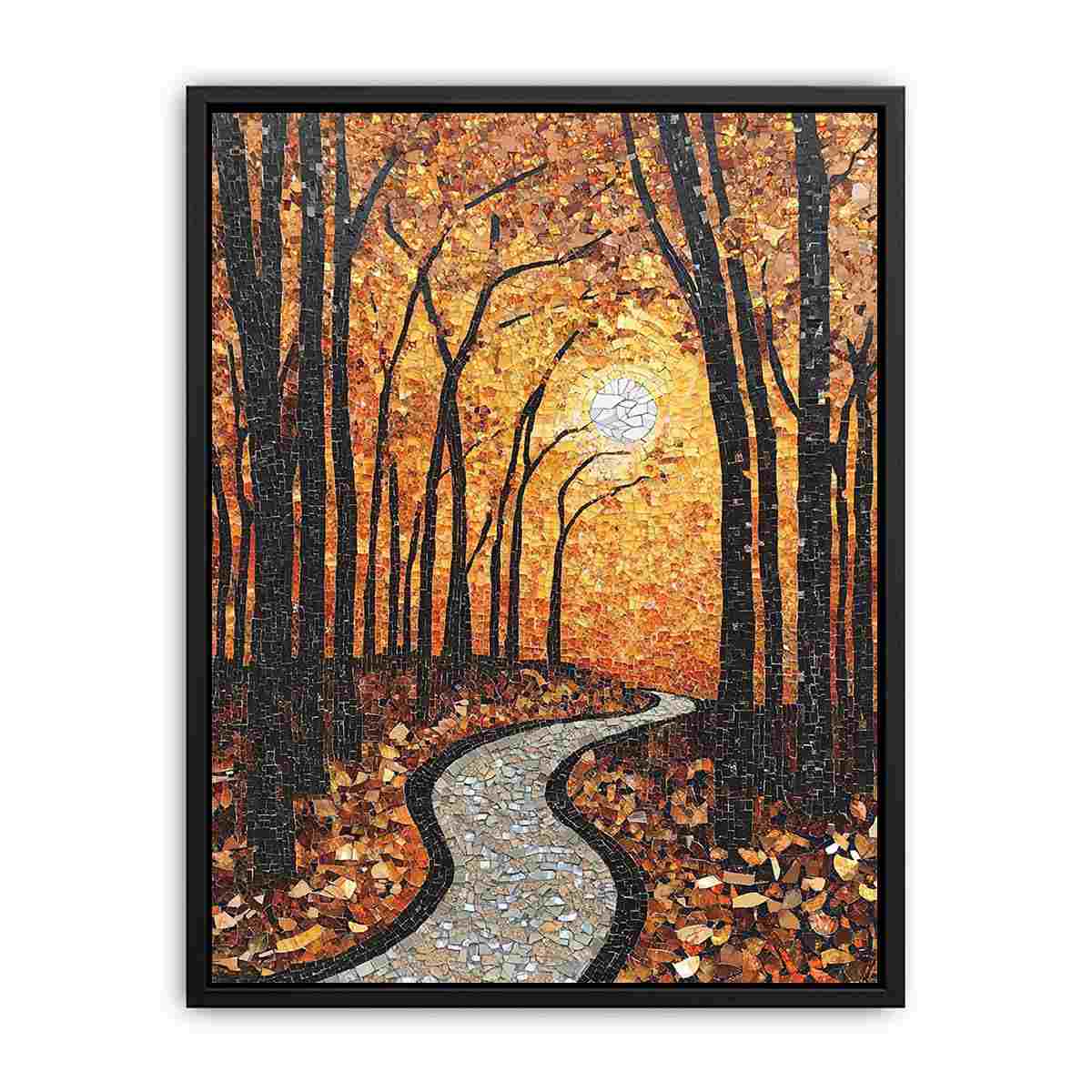 Warm autumn forest path mosaic canvas art for cozy hallway decor.
