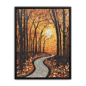 Warm autumn forest path mosaic canvas art for cozy hallway decor.