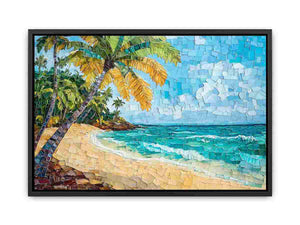 Coastal palm beach mosaic canvas art for relaxed living room decor.
