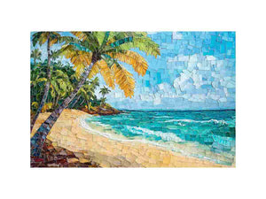 Coastal palm beach mosaic canvas art for relaxed living room decor.