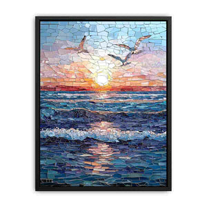 Seabird sunset ocean canvas art for peaceful coastal bedroom decor.